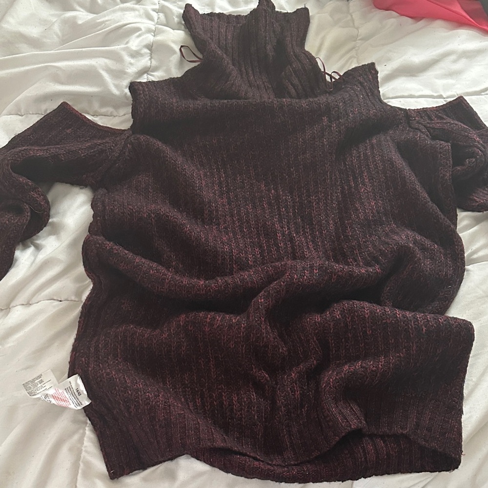Cold-Shoulder High Neck Ribbed Sweater - Burgundy